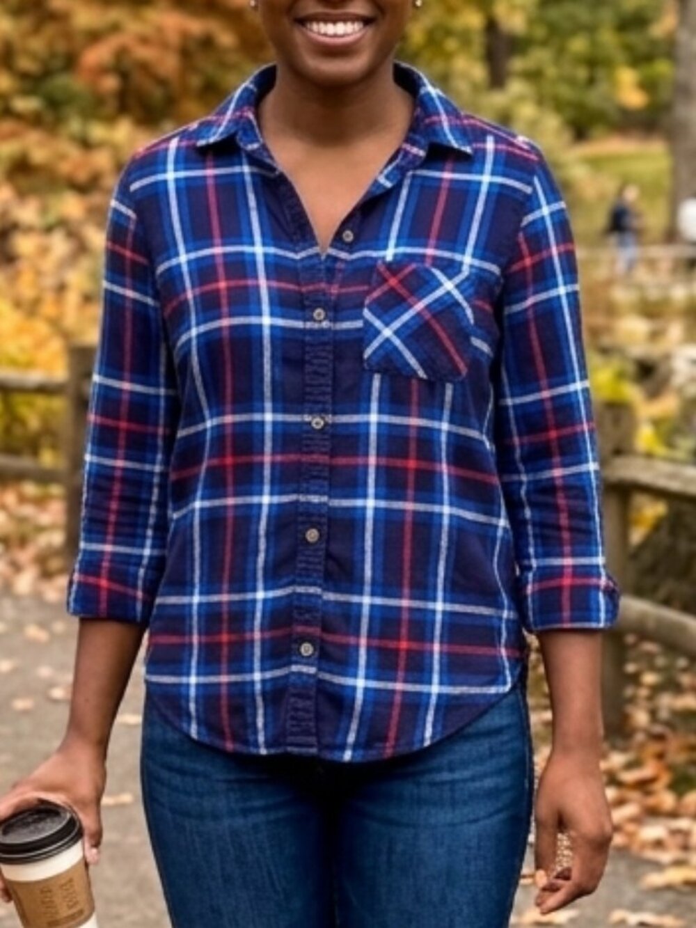 AMERICAN EAGLE Navy Red Plaid Boyfriend Fit Flannel Shirt XS